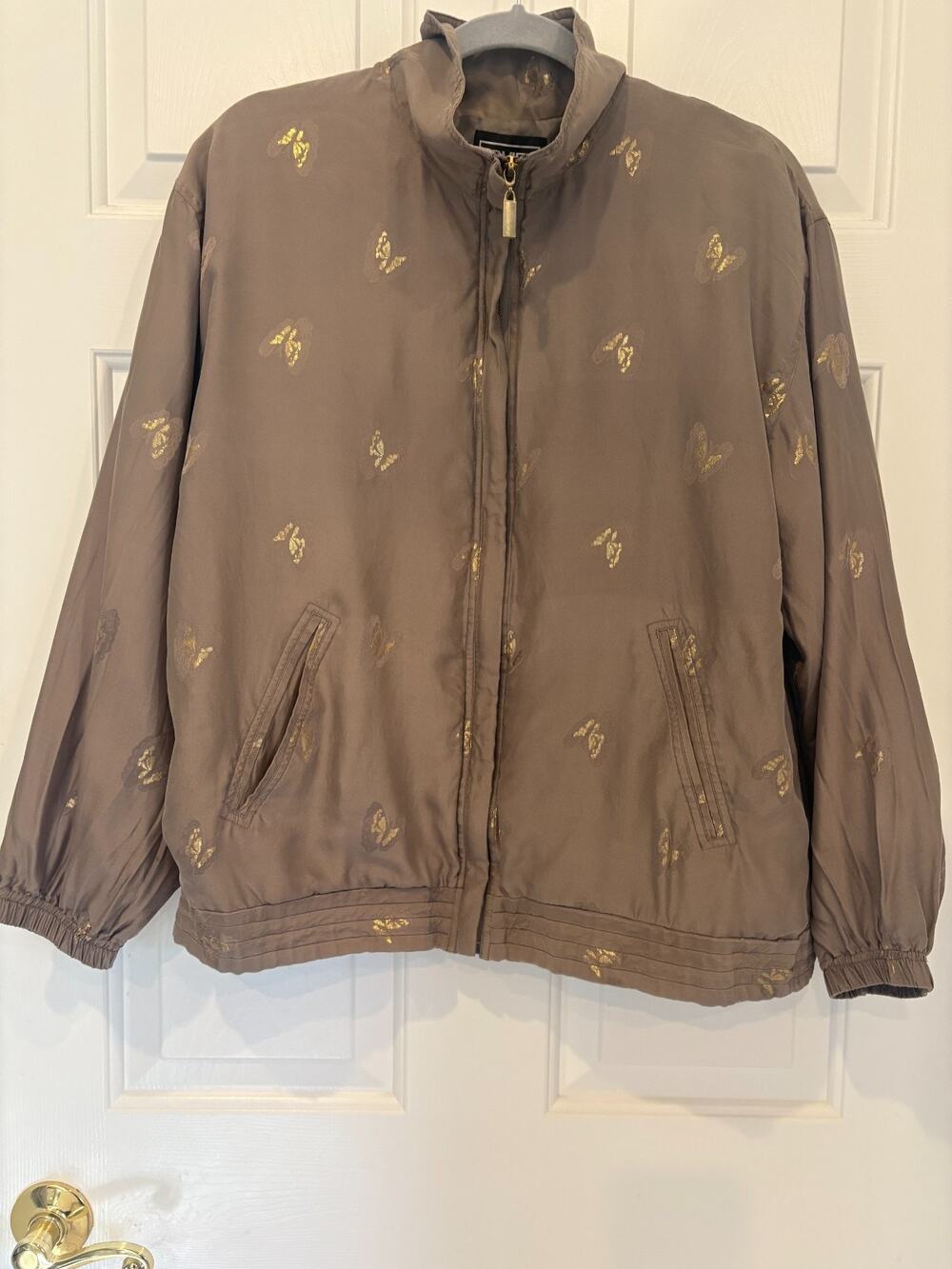 Abvien Vintage 90s Silk Bomber Jacket Gold Butterfly Gray Size L 8-12